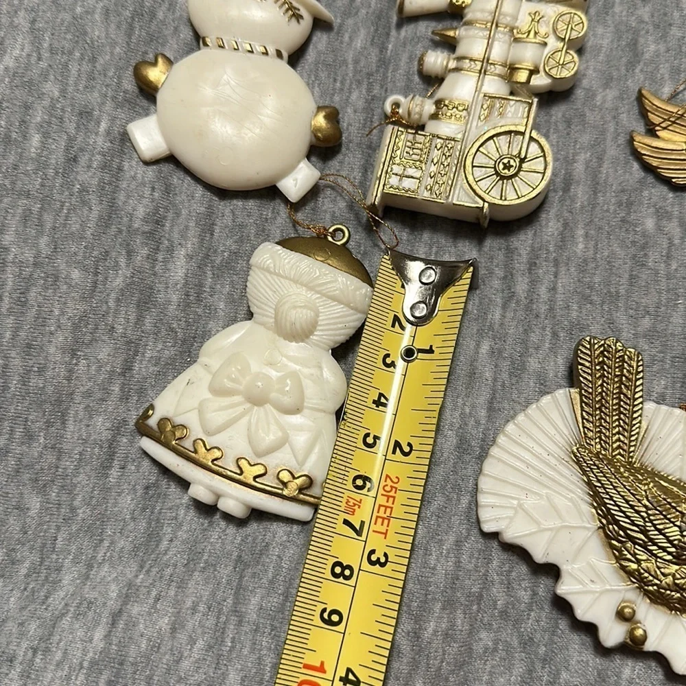 Vintage Gold & White Plastic Christmas Ornaments Lot of 10